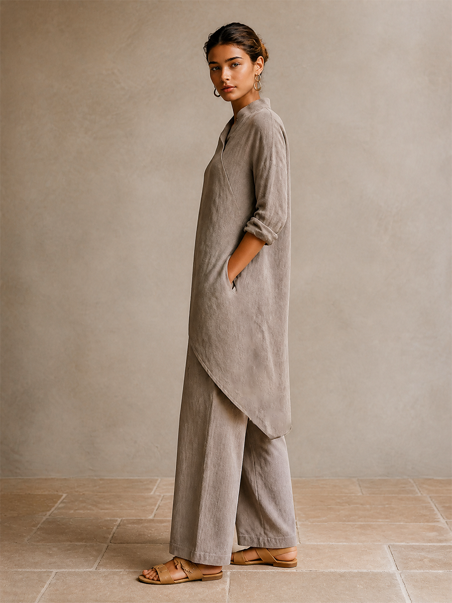 Women's Asymmetric Wrap Linen Vacation Two‑Piece Set MDZ1471H8LYL