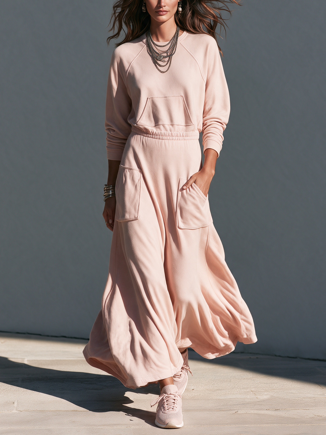 Women's Casual Long-Sleeved Maxi Dress In Pink Sweatshirt Fabric