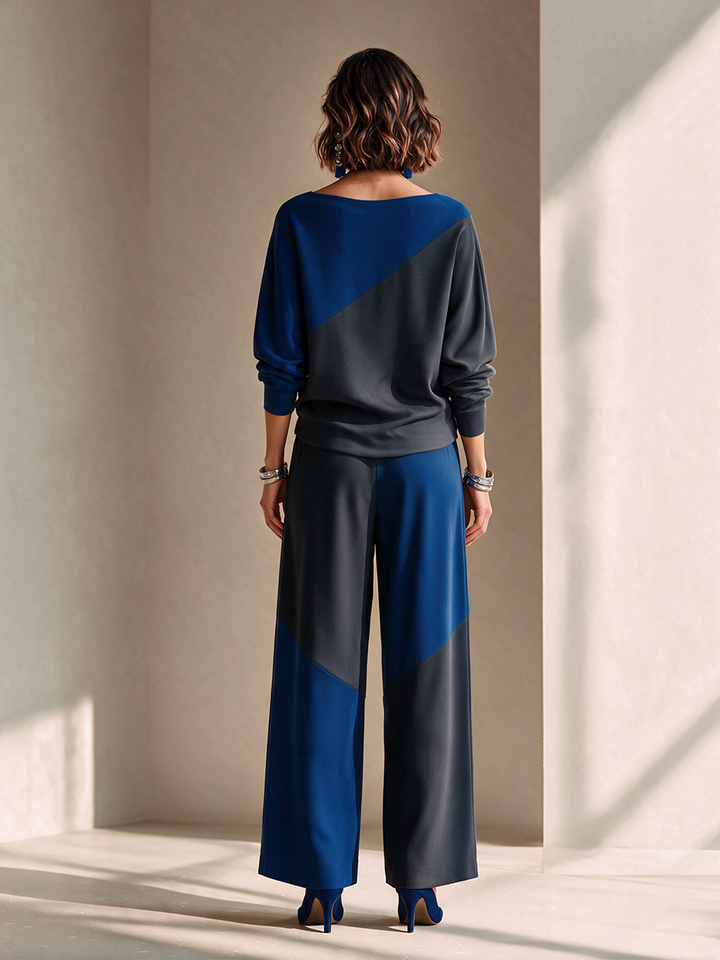 Women's Elegant Colorblock Boat-Neck Dropped-Shoulder Long-Sleeve Top & High-Waisted Wide-Leg Trouser Set MDZ1212H5CMX
