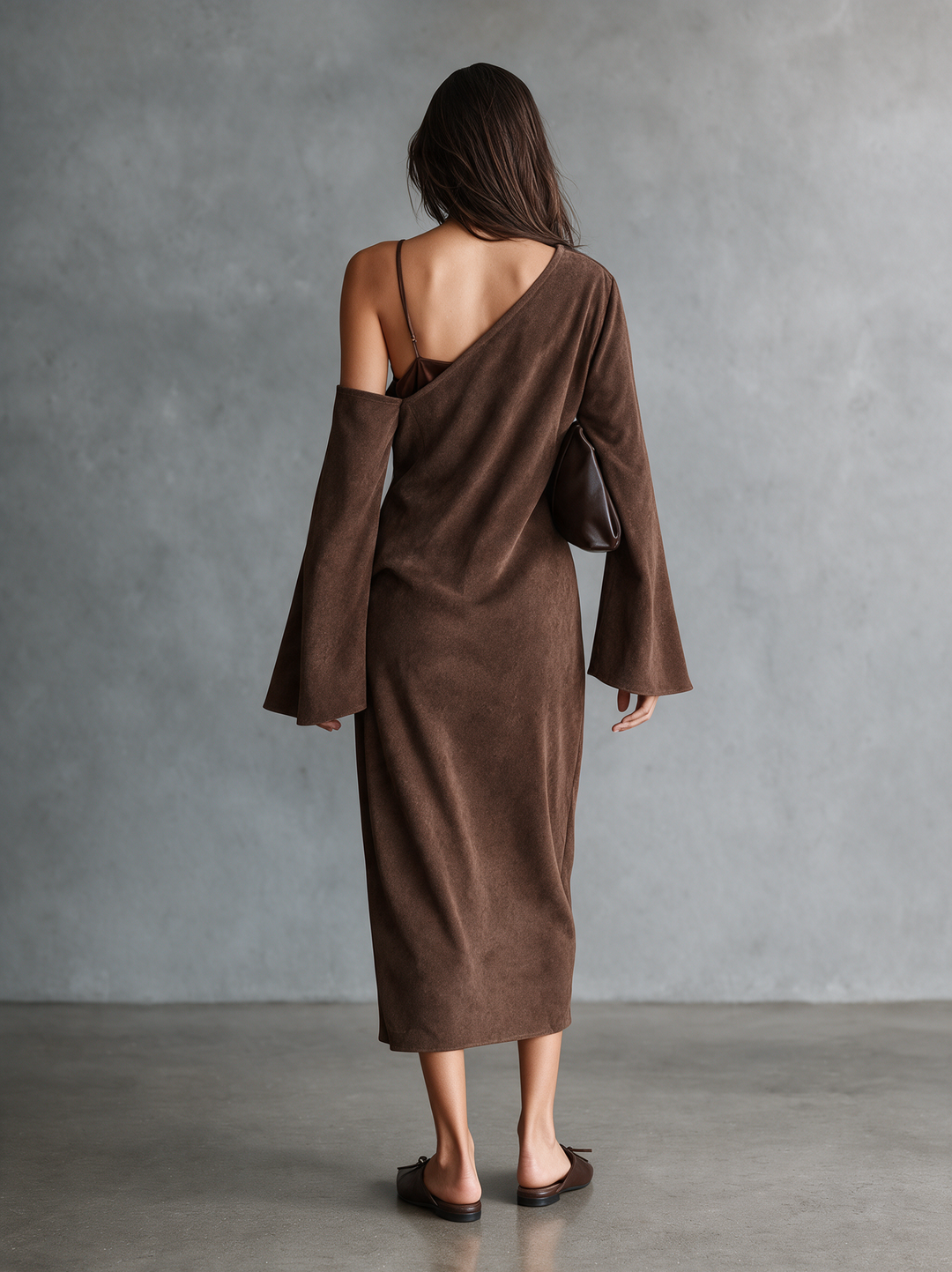 Vestido Elegante de Ante para Mujer con Corsé de Satén y Detalle de Un Hombro MDZ0300I4WY