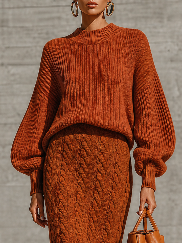 Women's Ribbed Balloon Sleeve Rust Sweater Skirt Set MDZ0823I7YZJ