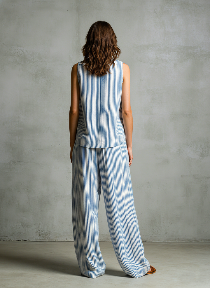 Conjunto de Top Sin Mangas con Cuello en V Tejido a Rayas Azules y Blancas y Pantalones para Mujer MDZ2940D8LXY