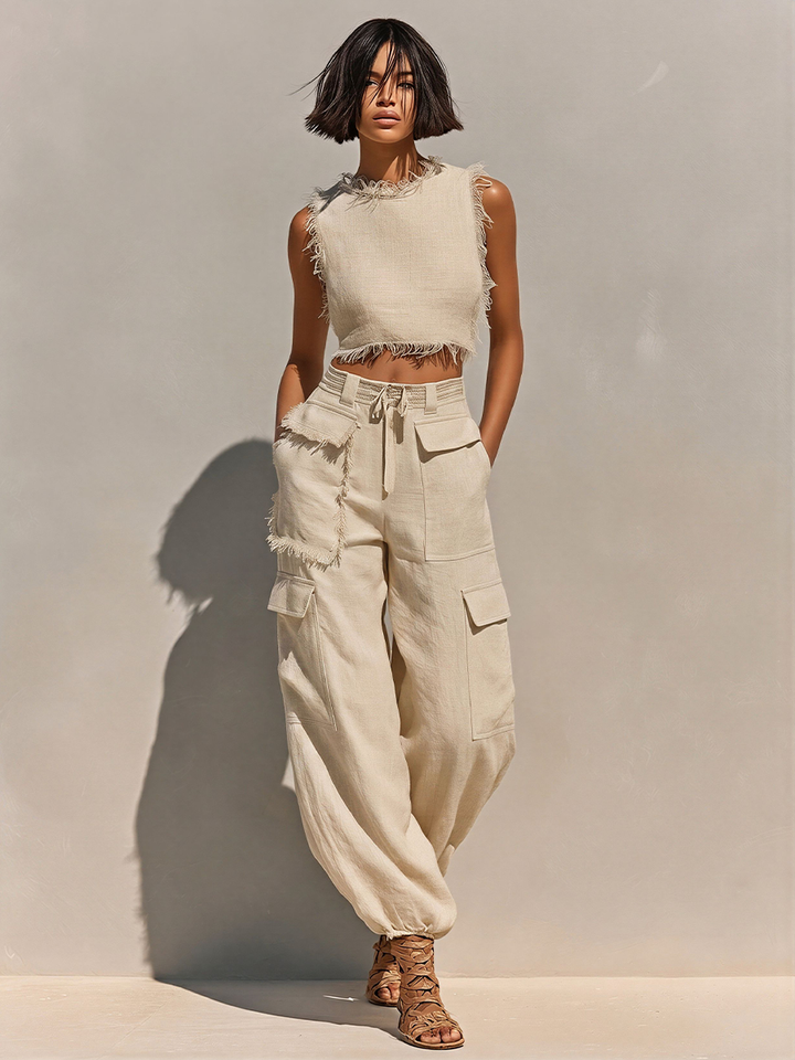 Women's Beige Linen-Blend Two-Piece Set With Frayed Crop Tank & Cargo Joggers, Timeless Casual Summer Outfit MDZ2979E8LYL