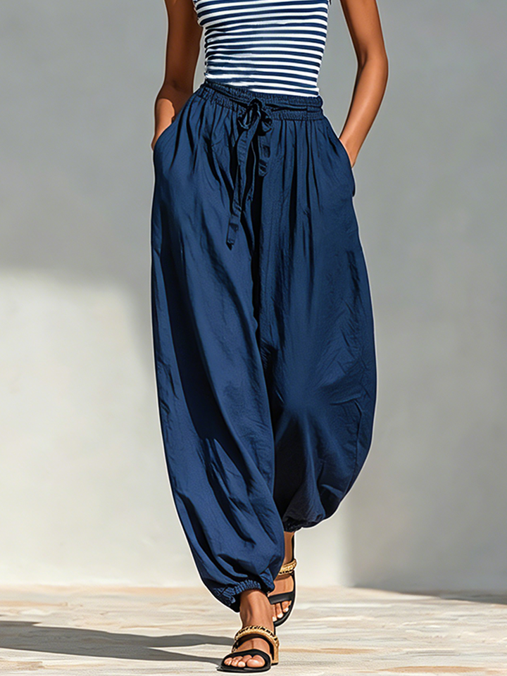 Conjunto de dos piezas de algodón y mezcla de algodón a rayas azul marino y blanco para mujer con top de tirantes con cuello cuadrado y pantalones jogger harén con cordón, atuendo casual minimalista para vacaciones MDZ0518F8LYL