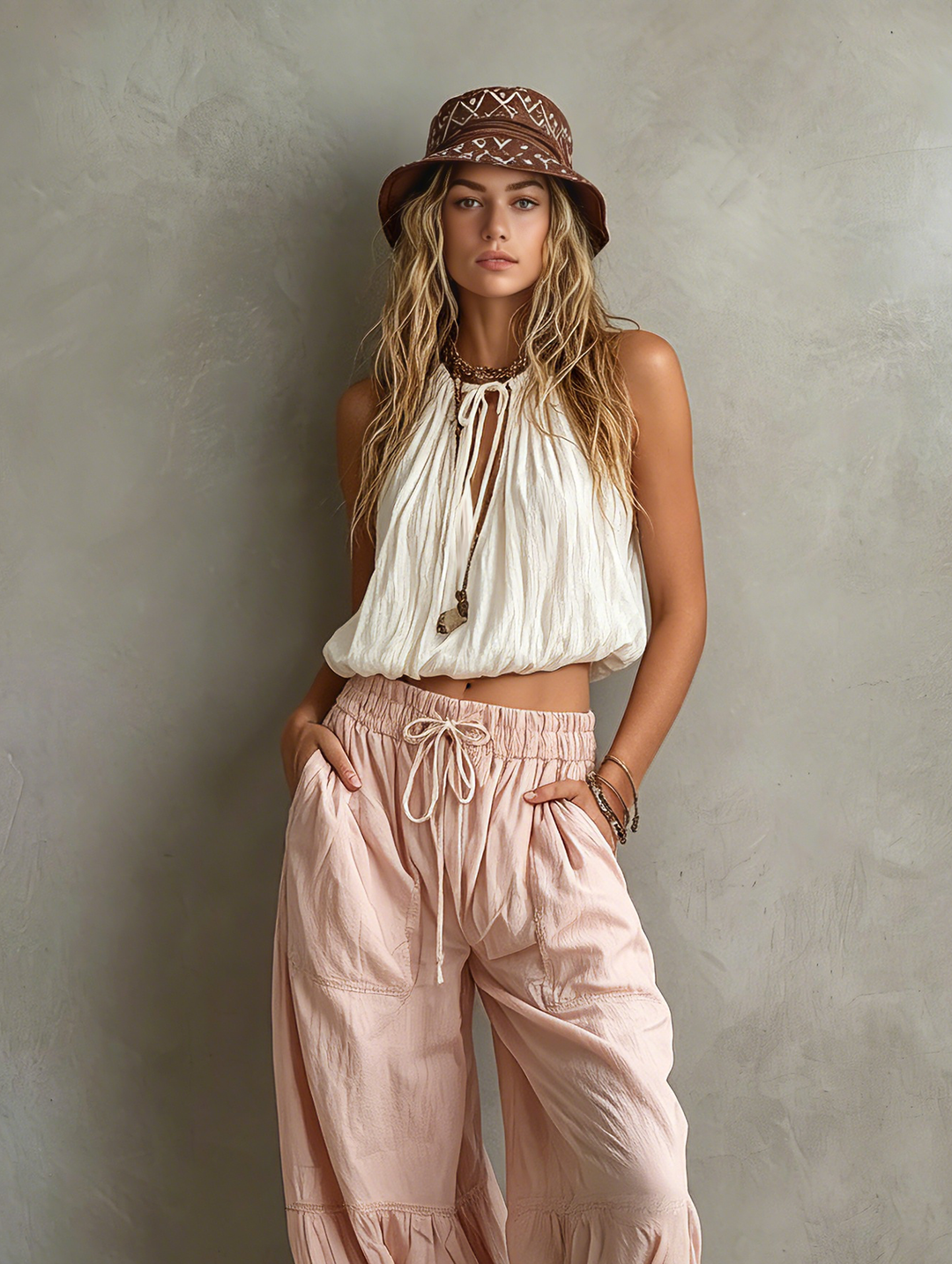 Top sin mangas redondo para mujer, color blanco tejido informal, combinado con pantalones rosas tejidos MDZ1268F0LXY