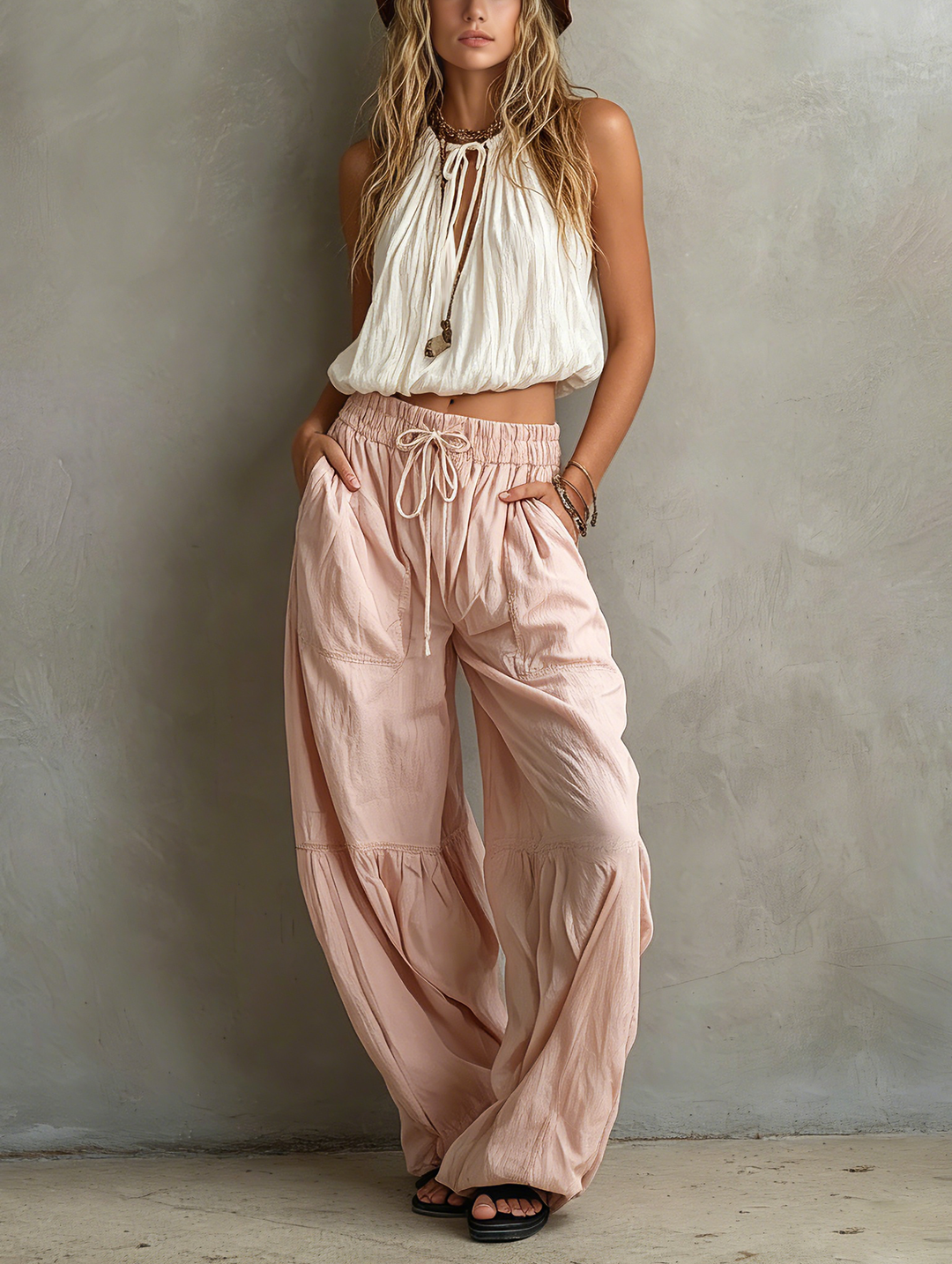 Top sin mangas redondo para mujer, color blanco tejido informal, combinado con pantalones rosas tejidos MDZ1268F0LXY