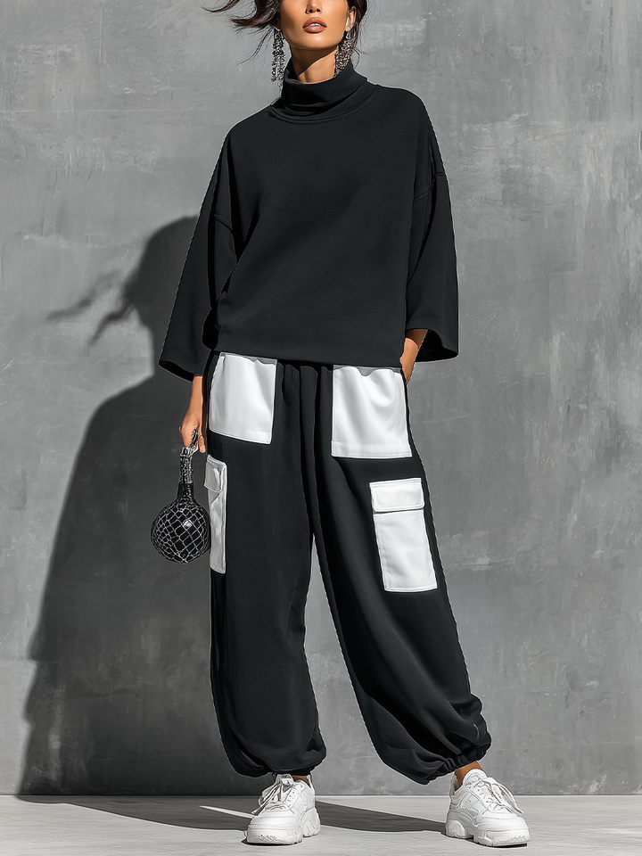 Conjunto de chándal de dos piezas para mujer, de punto de algodón negro, sudadera extragrande de cuello alto y manga 3/4 y pantalón cargo tipo jogger con puños elásticos y bloques de color blanco con bolsillos de parche MDZ0696G6YZJ