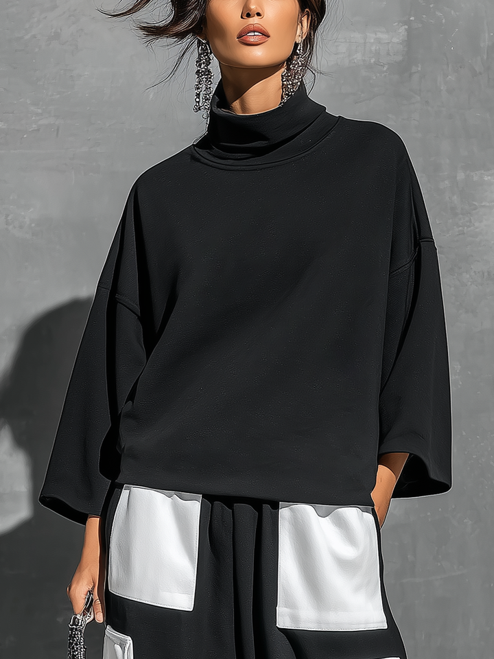 Conjunto de chándal de dos piezas para mujer, de punto de algodón negro, sudadera extragrande de cuello alto y manga 3/4 y pantalón cargo tipo jogger con puños elásticos y bloques de color blanco con bolsillos de parche MDZ0696G6YZJ