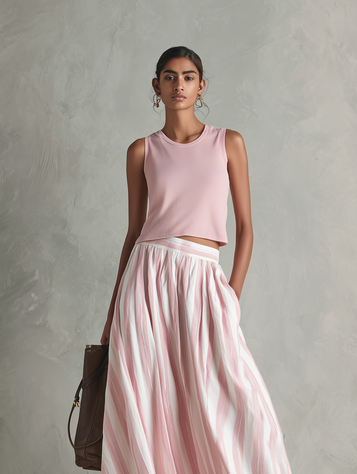 Top de punto elástico rosa casual sin mangas con cuello redondo para mujer combinado con una falda maxi tejida estampada rosa MDZ0986G3LXY