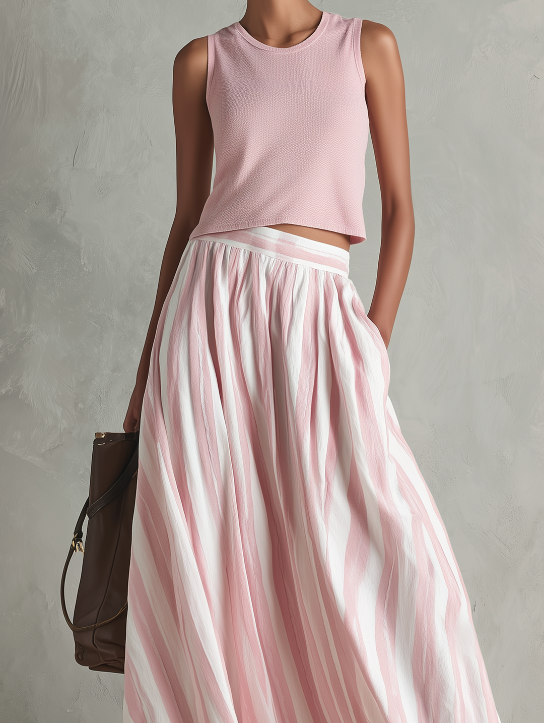 Top de punto elástico rosa casual sin mangas con cuello redondo para mujer combinado con una falda maxi tejida estampada rosa MDZ0986G3LXY