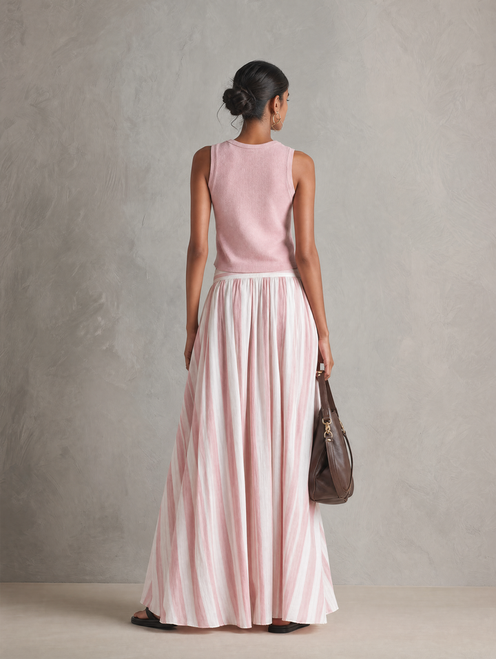 Top de punto elástico rosa casual sin mangas con cuello redondo para mujer combinado con una falda maxi tejida estampada rosa MDZ0986G3LXY