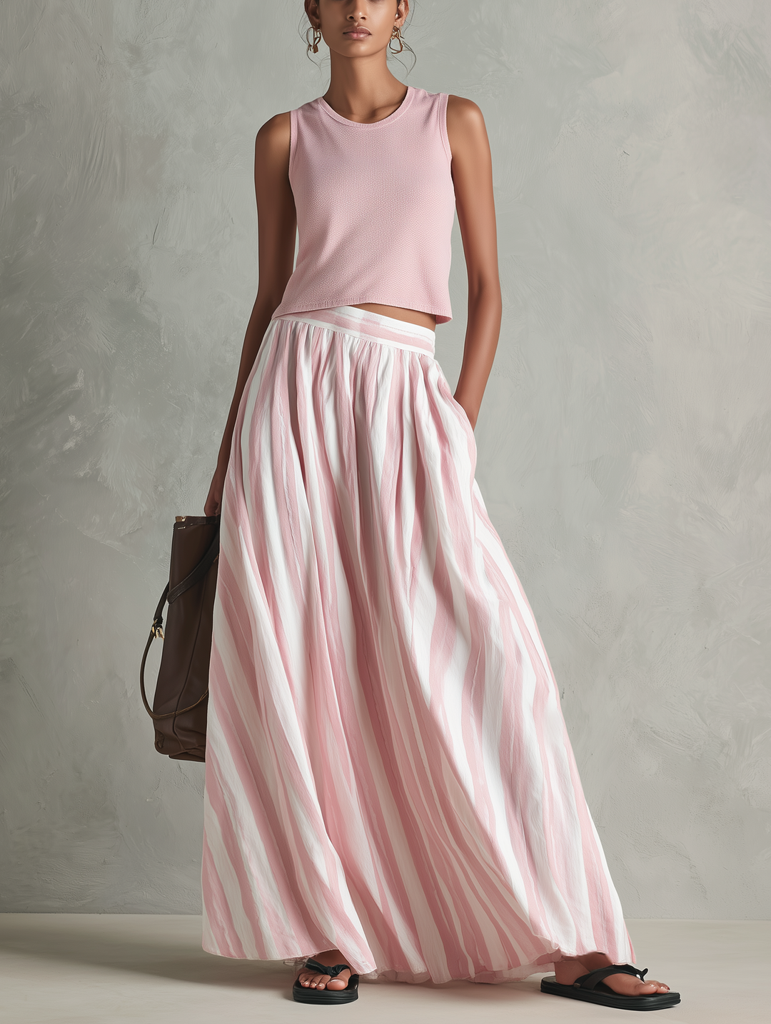 Top de punto elástico rosa casual sin mangas con cuello redondo para mujer combinado con una falda maxi tejida estampada rosa MDZ0986G3LXY