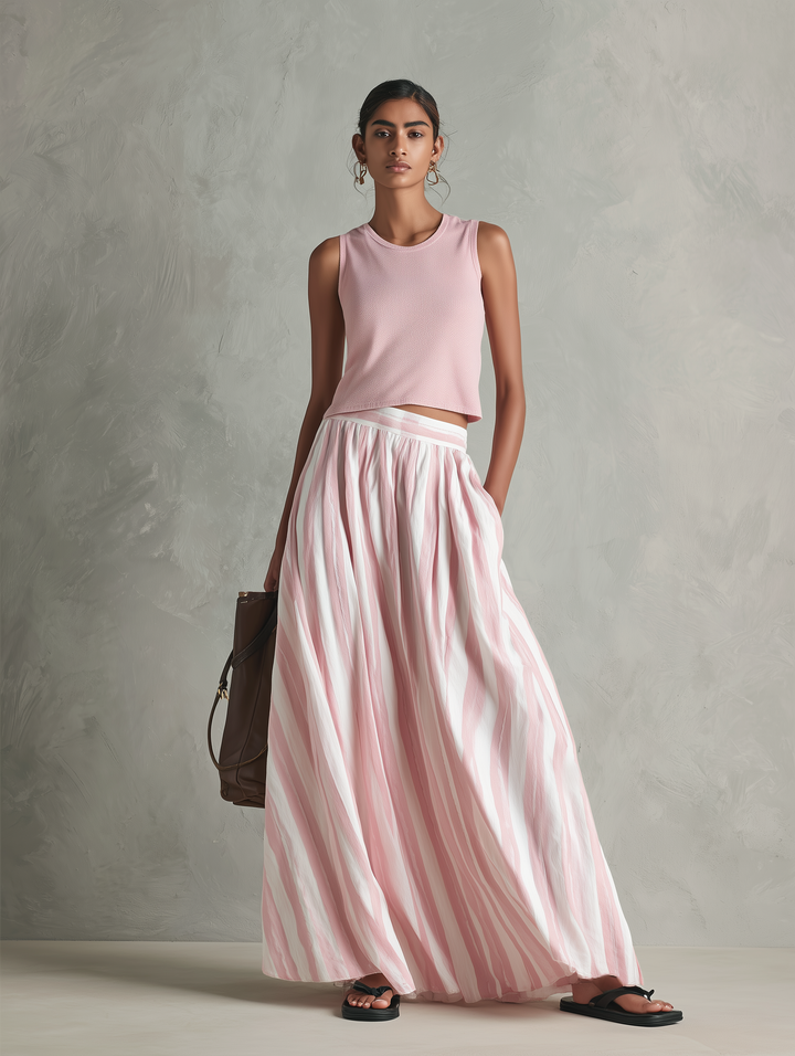 Top de punto elástico rosa casual sin mangas con cuello redondo para mujer combinado con una falda maxi tejida estampada rosa MDZ0986G3LXY