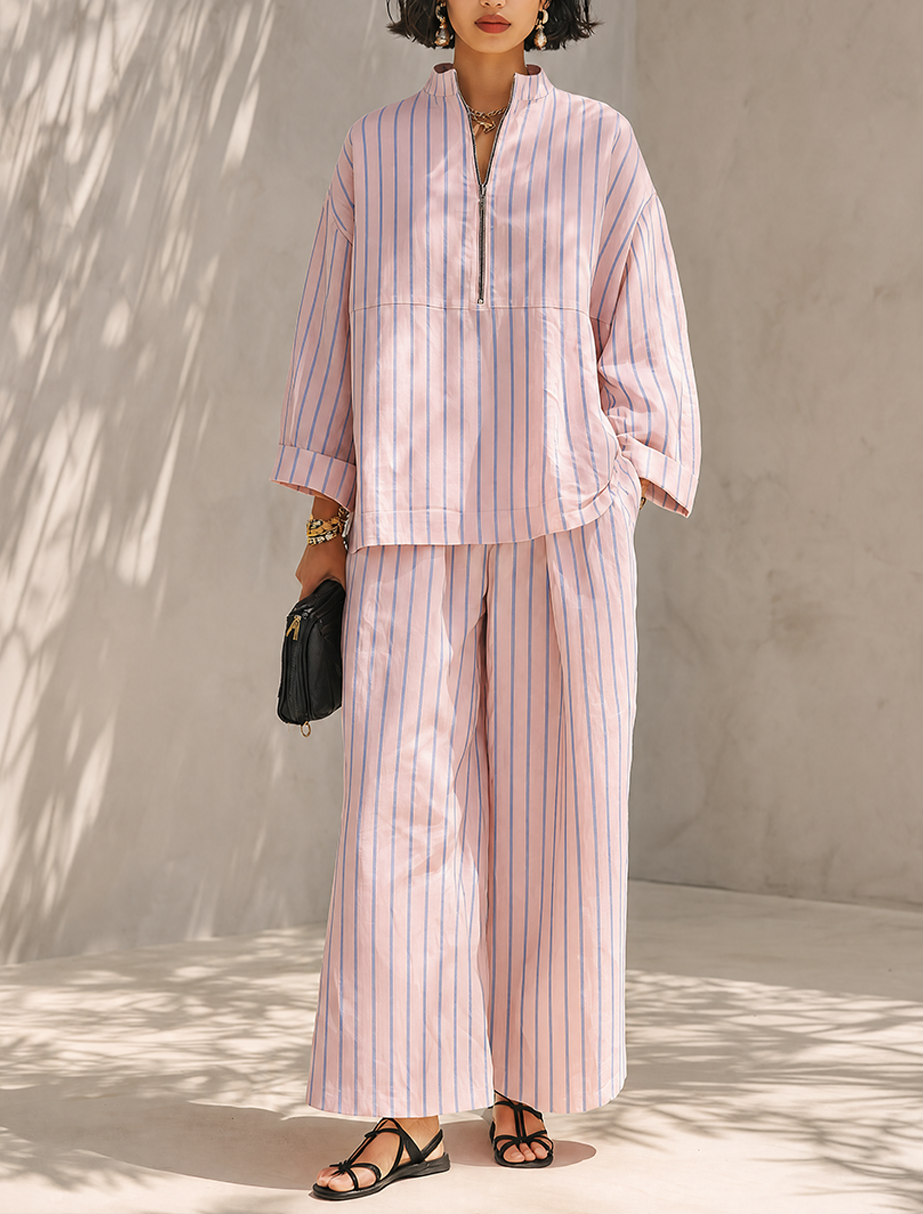 Conjunto de camiseta de manga larga con media cremallera y pantalones de pernera ancha minimalista para mujer MDZ0962G3ZRK