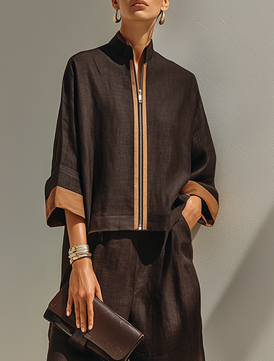 Conjunto de top corto con cremallera y cuello alto y pantalones de lino marrón oscuro de pernera ancha para mujer MDZ1459G3ZRK