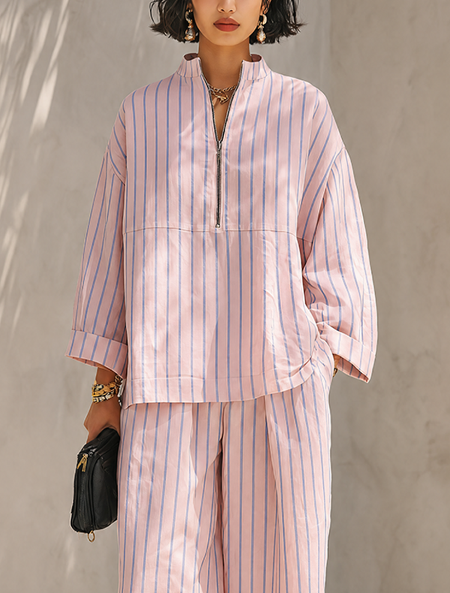 Conjunto de camiseta de manga larga con media cremallera y pantalones de pernera ancha minimalista para mujer MDZ0962G3ZRK