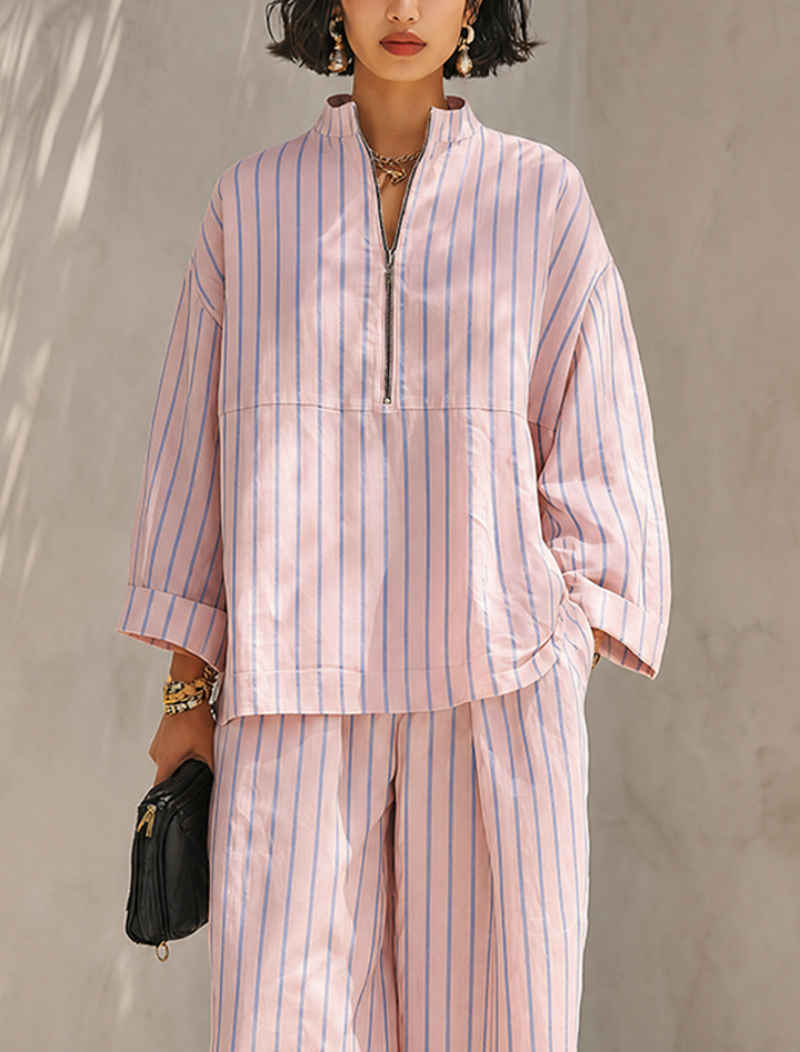 Conjunto de camiseta de manga larga con media cremallera y pantalones de pernera ancha minimalista para mujer MDZ0962G3ZRK