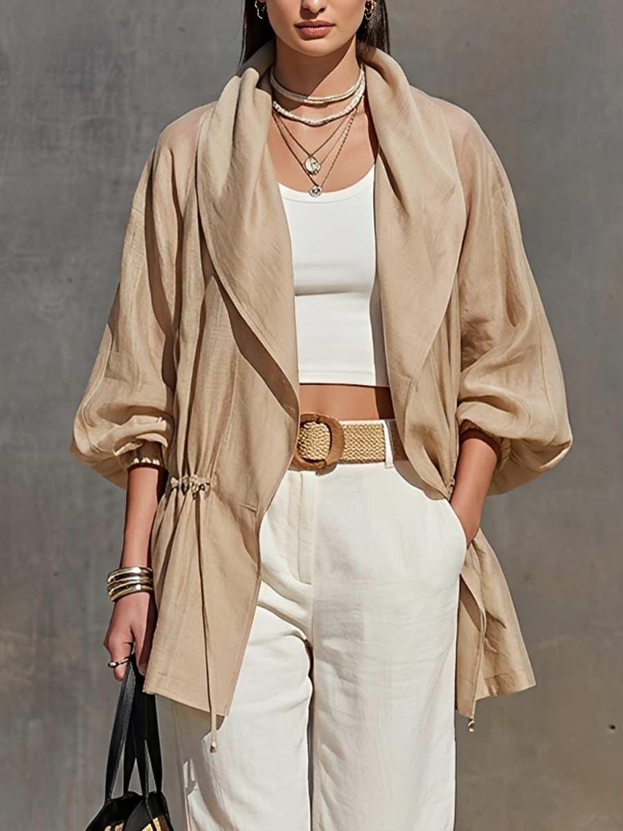 Chaqueta holgada de Tencel color caqui para mujer con solapa, mangas tres cuartos tipo globo y cordón en la cintura, prenda de abrigo minimalista, ligera y estilo resort MDZ2240G0LYL