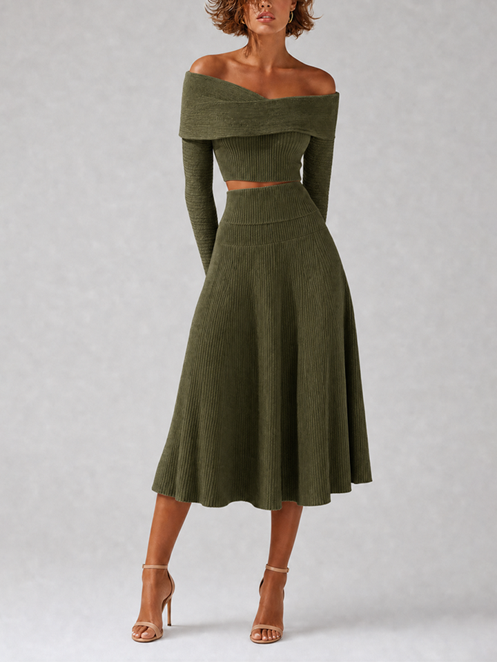 Women's Elegant Green Ribbed-Knit Off-Shoulder Crossover-Neck Long-Sleeve Cropped Top & High-Waisted A-Line Midi Skirt Set MDZ2462G3CMX