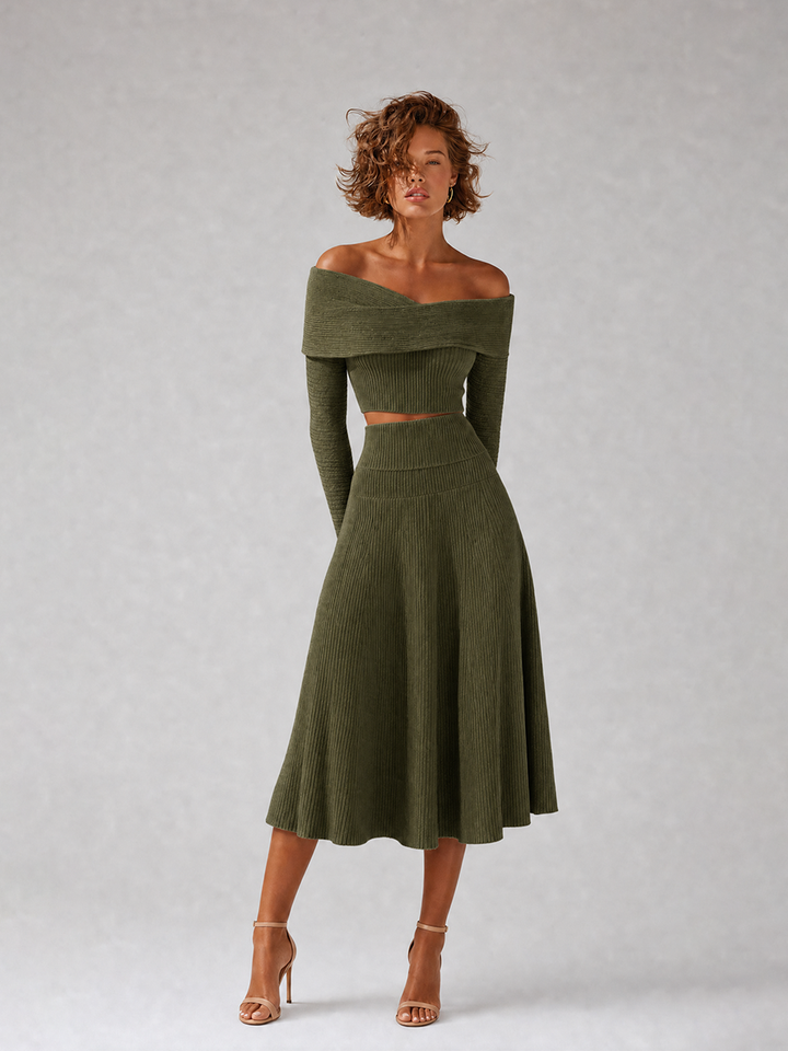 Women's Elegant Green Ribbed-Knit Off-Shoulder Crossover-Neck Long-Sleeve Cropped Top & High-Waisted A-Line Midi Skirt Set MDZ2462G3CMX