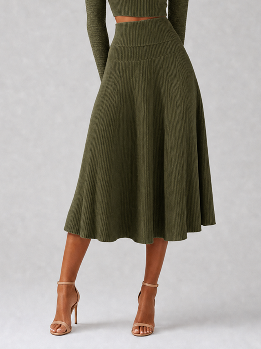 Women's Elegant Green Ribbed-Knit Off-Shoulder Crossover-Neck Long-Sleeve Cropped Top & High-Waisted A-Line Midi Skirt Set MDZ2462G3CMX