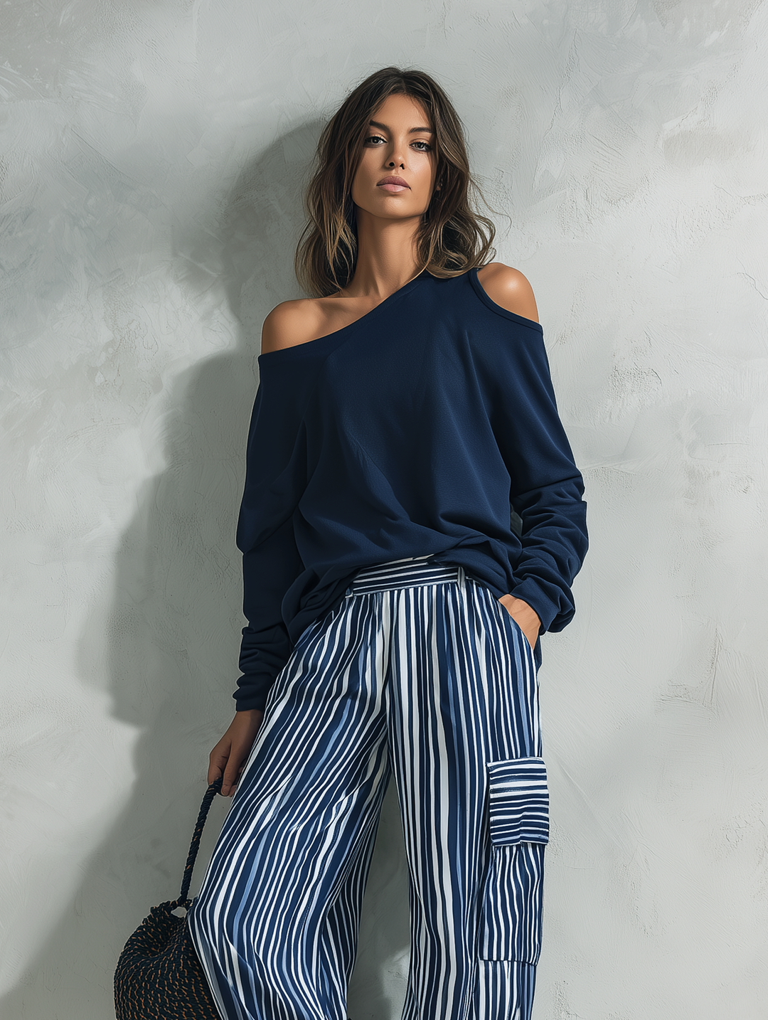 Conjunto informal de 2 piezas para mujer, top de manga larga en tejido de sudadera azul marino y pantalones tejidos de rayas azules y blancas MDZ2895G0LXY