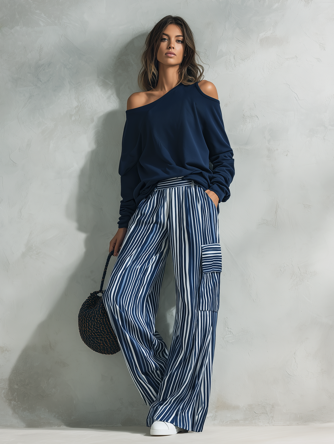 Conjunto informal de 2 piezas para mujer, top de manga larga en tejido de sudadera azul marino y pantalones tejidos de rayas azules y blancas MDZ2895G0LXY
