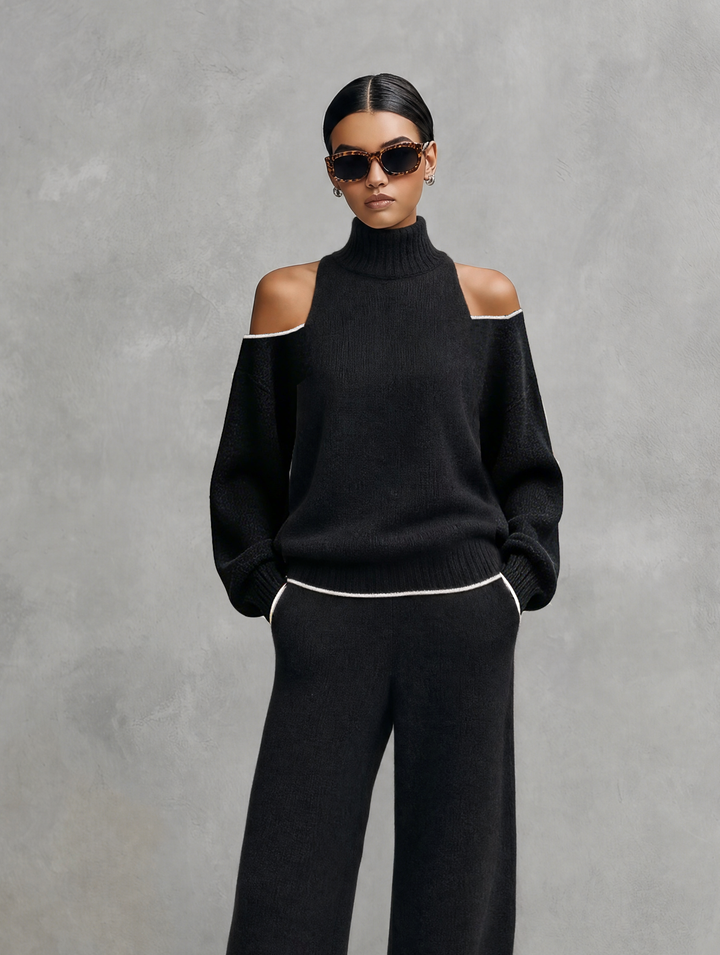 Conjunto casual de 2 piezas para mujer, top de punto de manga larga negro y pantalones MDZ3065G8LXY