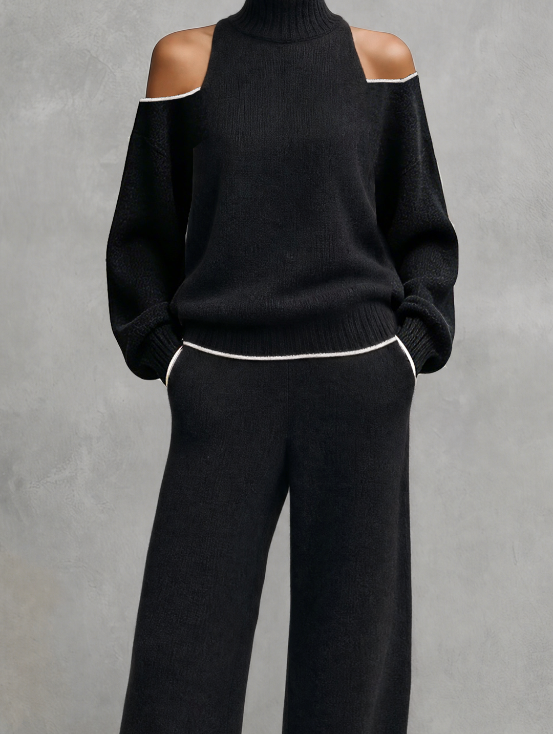 Conjunto casual de 2 piezas para mujer, top de punto de manga larga negro y pantalones MDZ3065G8LXY