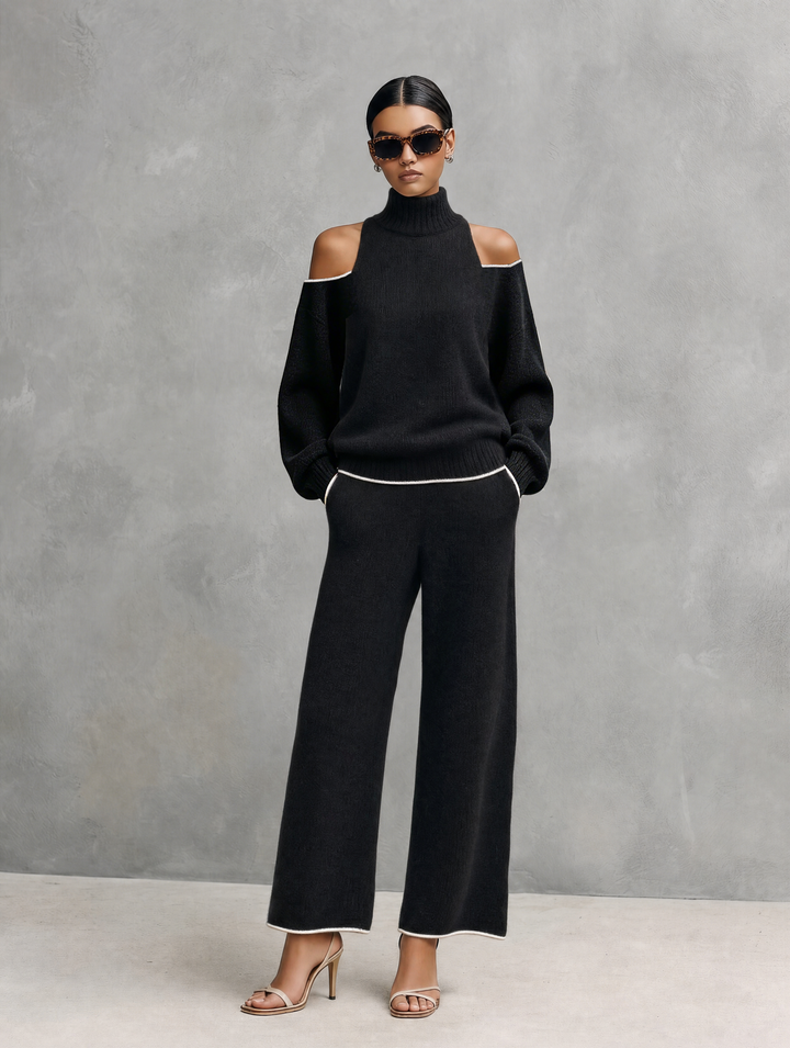 Conjunto casual de 2 piezas para mujer, top de punto de manga larga negro y pantalones MDZ3065G8LXY