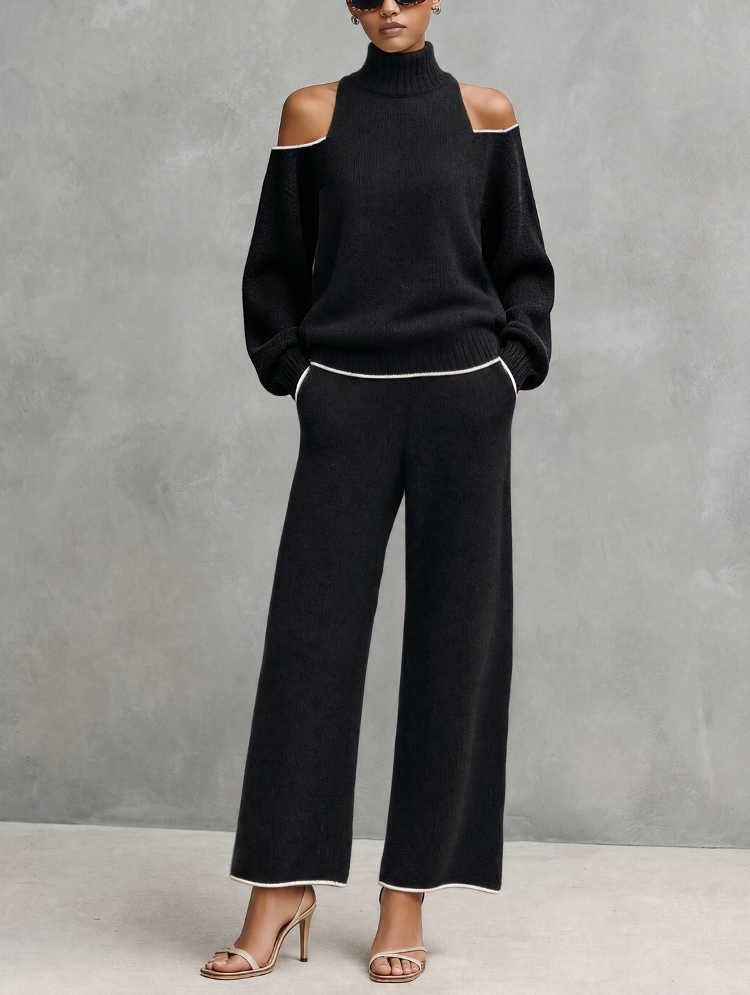 Conjunto casual de 2 piezas para mujer, top de punto de manga larga negro y pantalones MDZ3065G8LXY