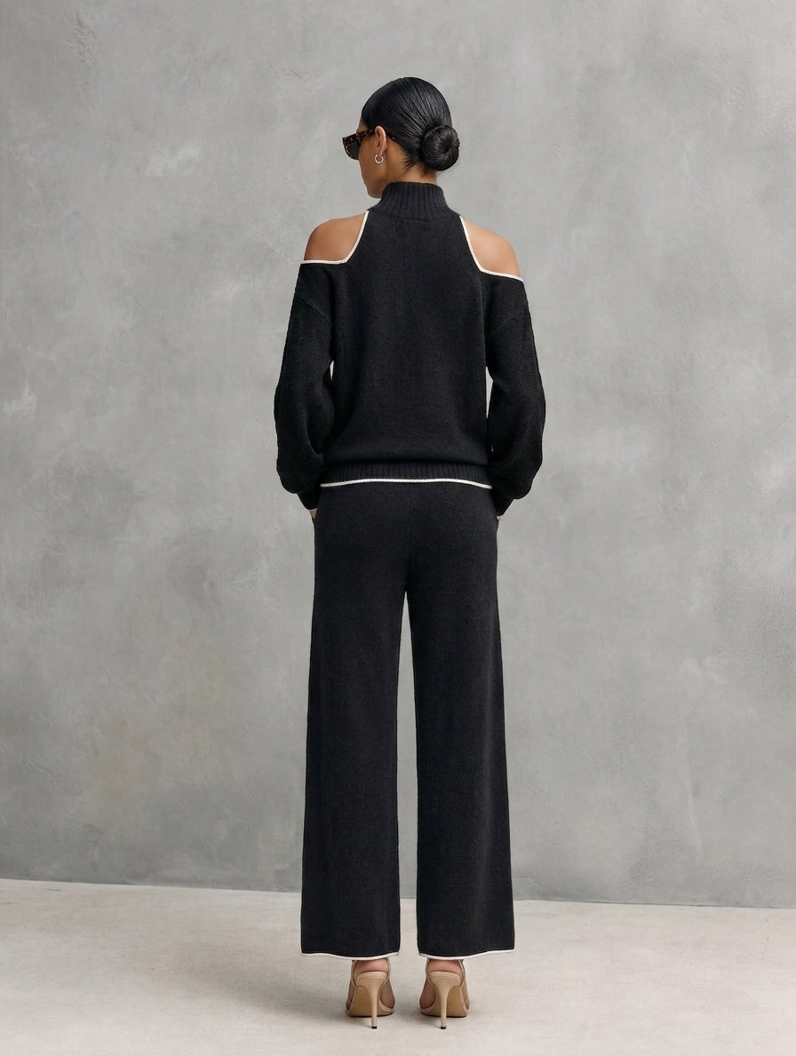 Conjunto casual de 2 piezas para mujer, top de punto de manga larga negro y pantalones MDZ3065G8LXY