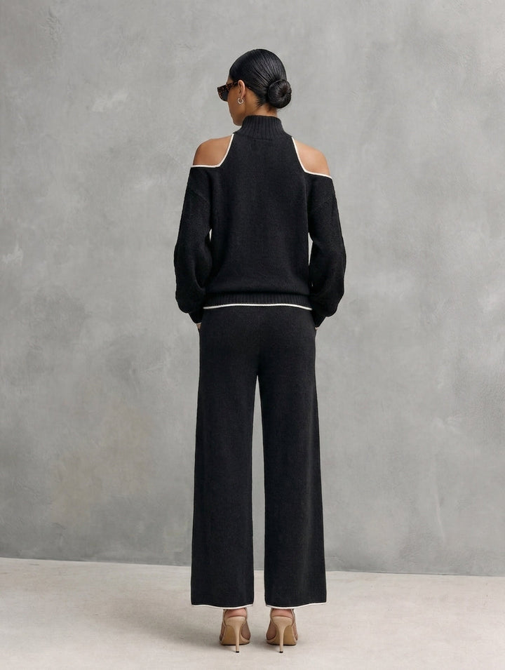Conjunto casual de 2 piezas para mujer, top de punto de manga larga negro y pantalones MDZ3065G8LXY