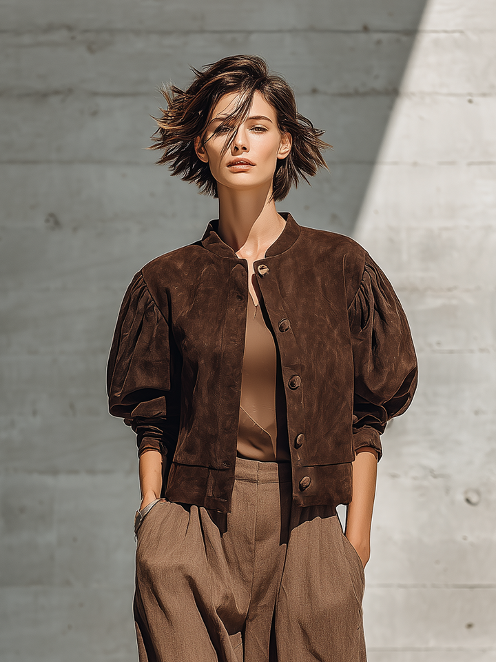 Women's Stand Collar Puff Sleeve Brown Jacket MDZ0517H0YZJ