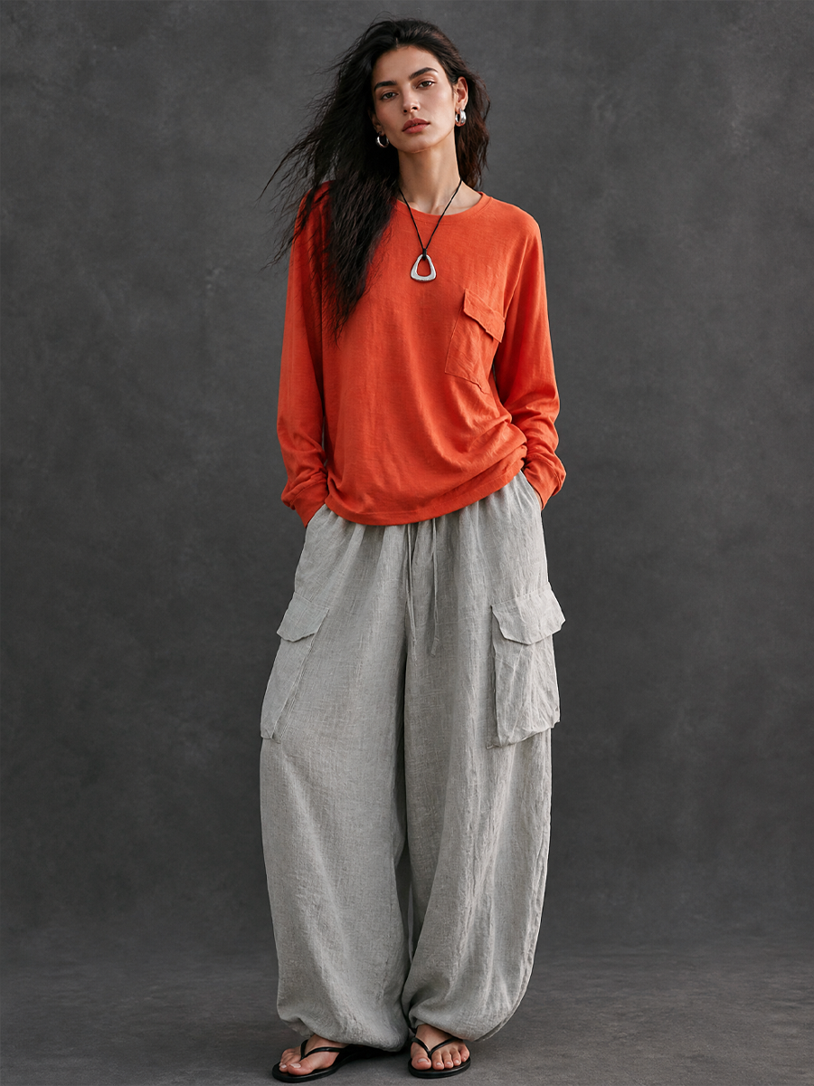 Women's Casual Crew Neck T-shirt And Cargo Pants Set MDZ1093H8GMJ