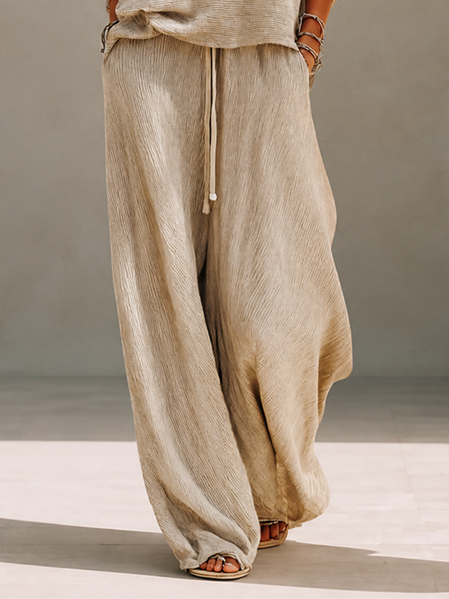 Conjunto de suéter de punto de lana de manga larga con cuello barco y hombros caídos y pantalón de pierna ancha con cordón para mujer MDZ1810H2CMX