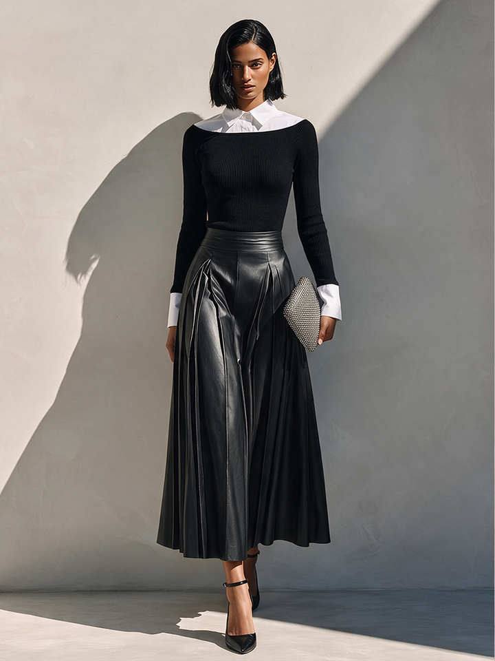 Women's Faux-Layer Knit Top & Leather Skirt Set MDZ2178H8ZRK