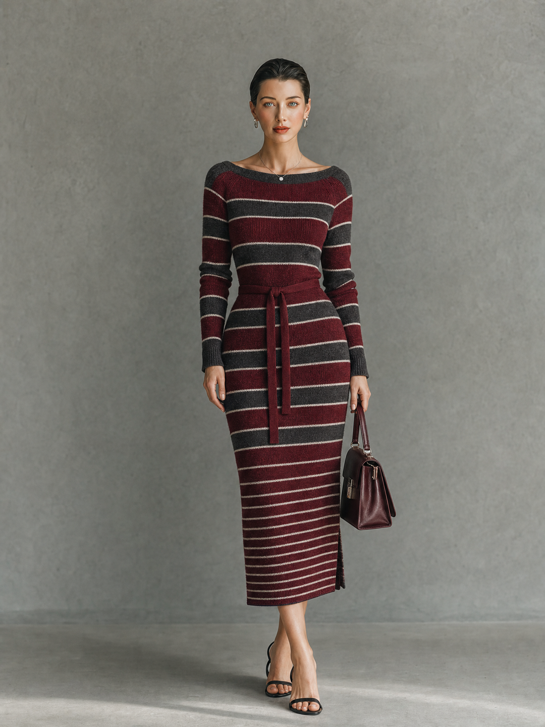 Women's Vintage Striped Boat-Neck Slim-Fit Sweater Dress MDZ2507H7WY