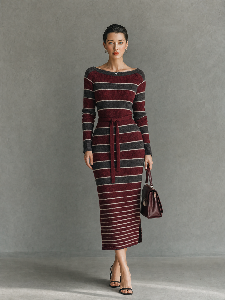 Women's Vintage Striped Boat-Neck Slim-Fit Sweater Dress MDZ2507H7WY