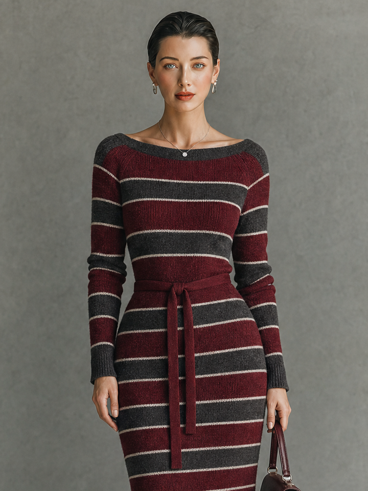 Women's Vintage Striped Boat-Neck Slim-Fit Sweater Dress MDZ2507H7WY