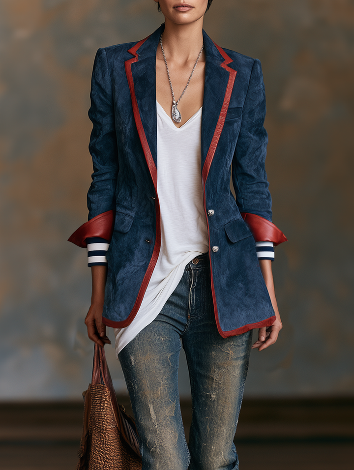 Americana de ante sintético de estilo vintage para mujer con ribete de piel roja MDZ2570H7WY