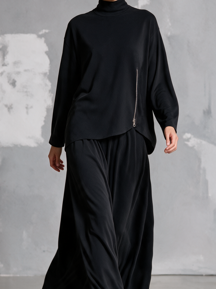 Women's Casual Black Stretch Knit Long-sleeve Top And Skirt Two-piece Set MDZ2862H2LXY