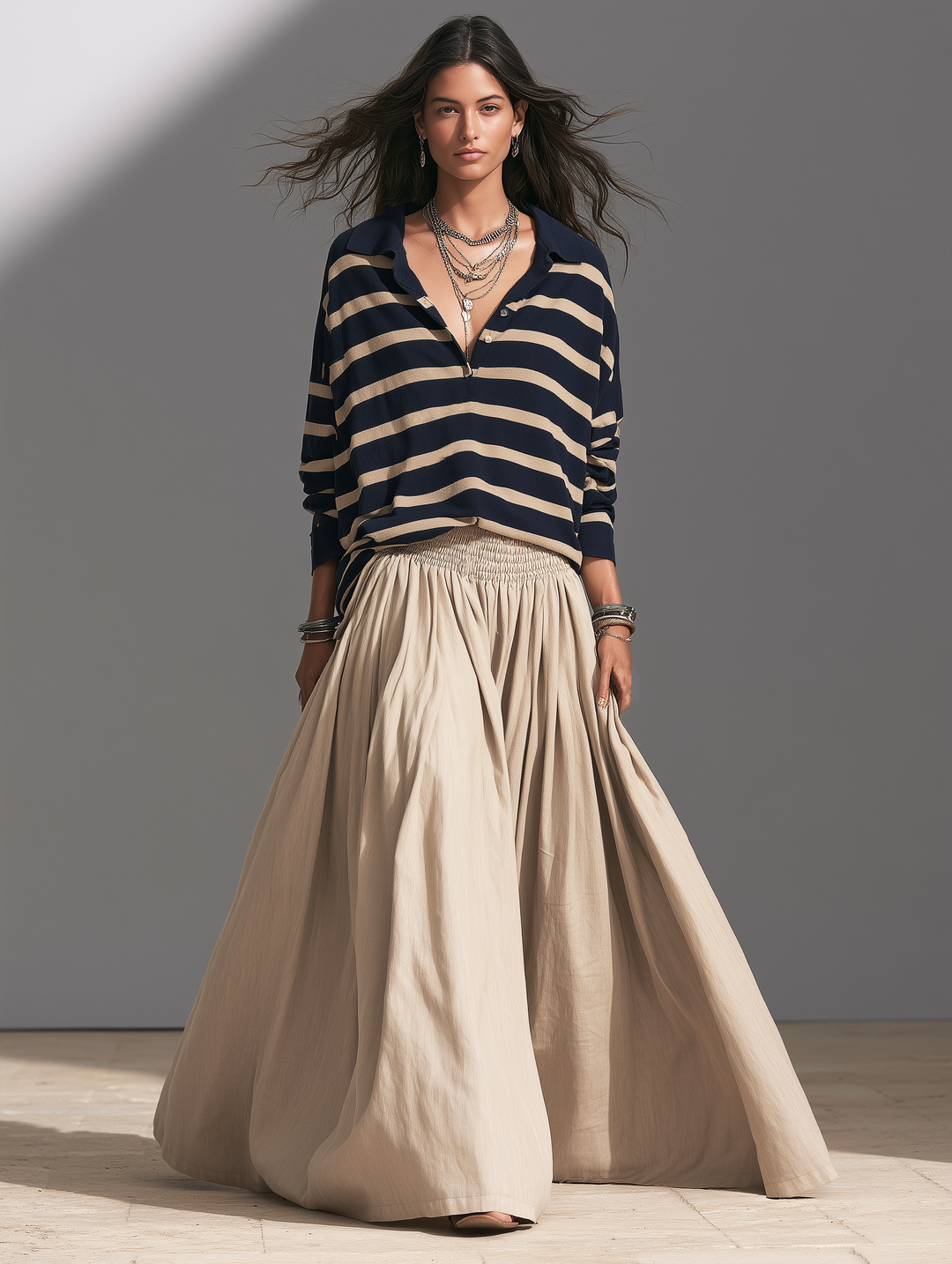 Women's Casual Striped Knit Sweatshirt And Khaki Woven Skirt Two-Piece Set MDZ2800H3LXY