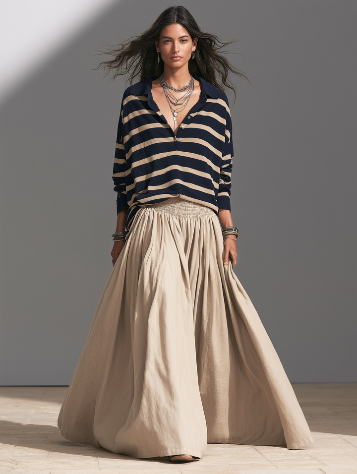 Women's Casual Striped Knit Sweatshirt And Khaki Woven Skirt Two-Piece Set MDZ2800H3LXY