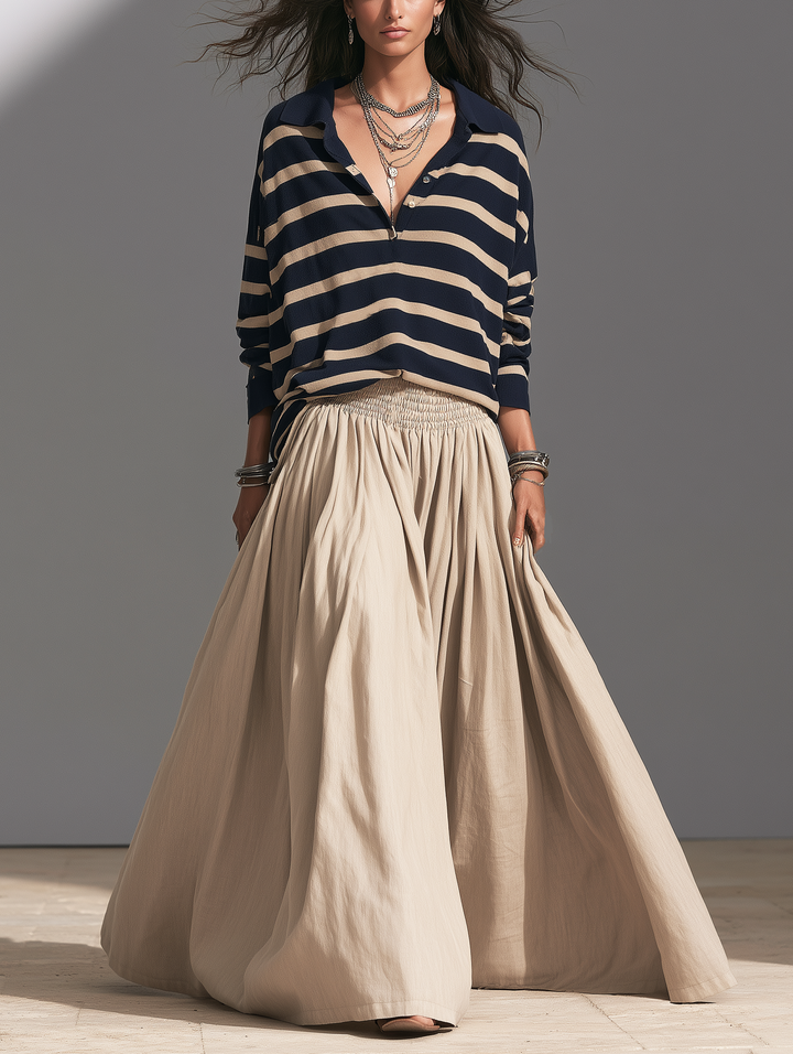 Women's Casual Striped Knit Sweatshirt And Khaki Woven Skirt Two-Piece Set MDZ2800H3LXY