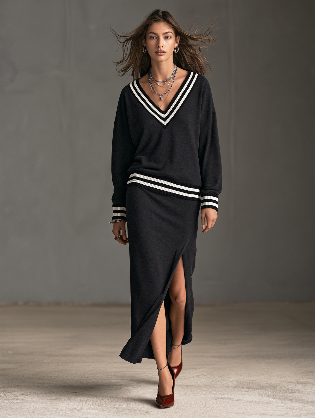 Women's Casual Dark Grey V-Neck Long-Sleeve Sweatshirt Fabric Top And Skirt Two-Piece Set MDZ2889H5LXY