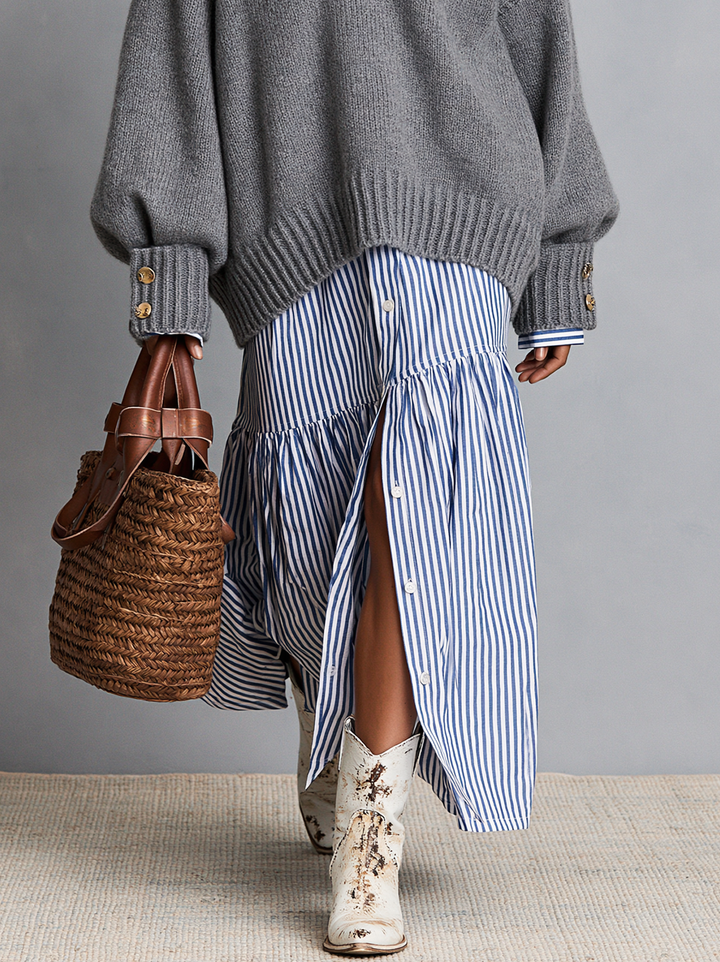 Women's Vintage Zip-Collar Sweater And Striped Maxi Dress Set MDZ2881H0WY