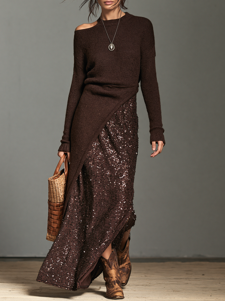 Women's Vintage-Style Knit-and-Sequin Maxi Dress With Side Slit MDZ2883H6WY