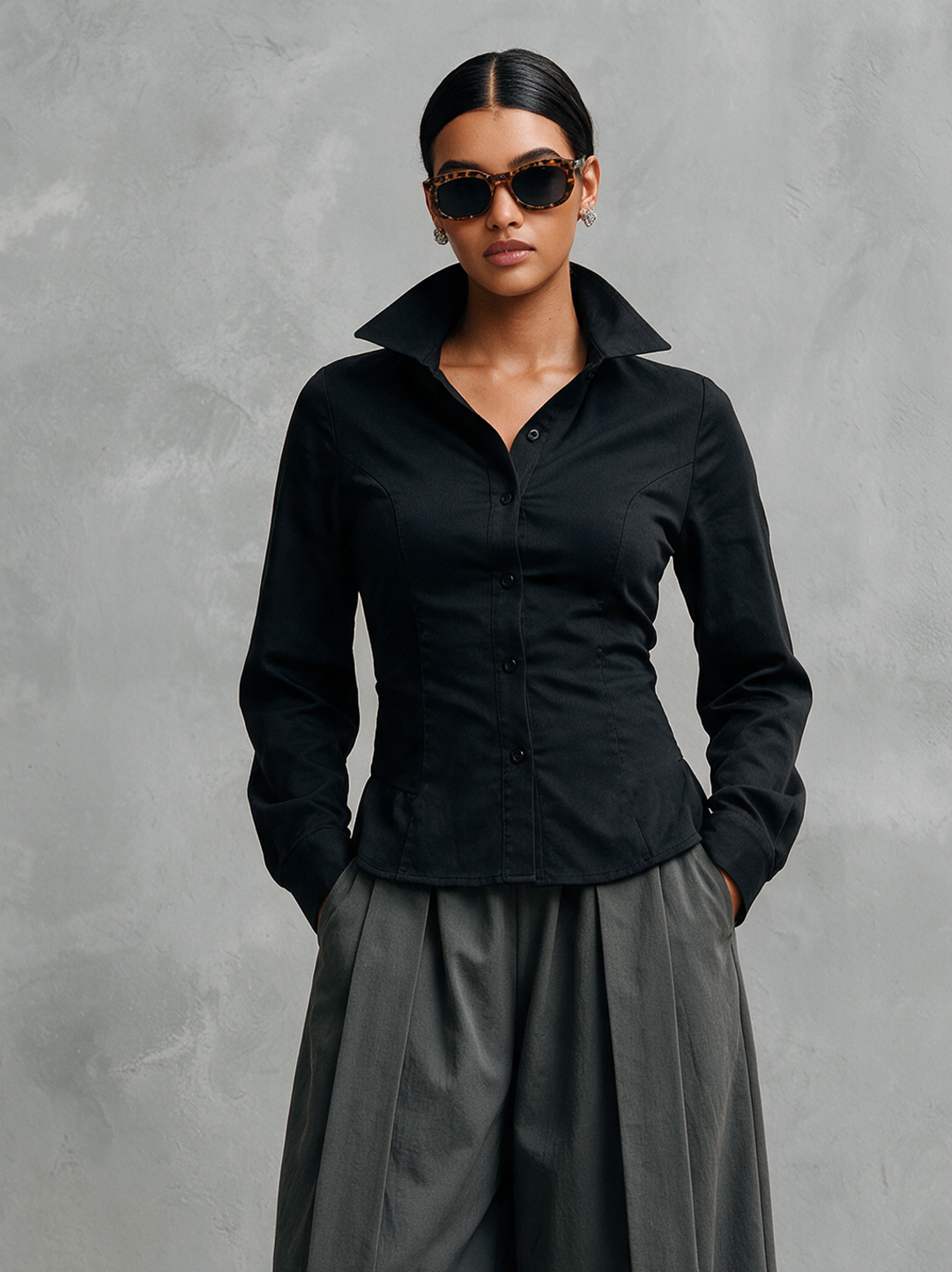 Women's Casual Black Woven Shirt And Grey Woven Trousers Two-Piece Set MDZ3169H7LXY