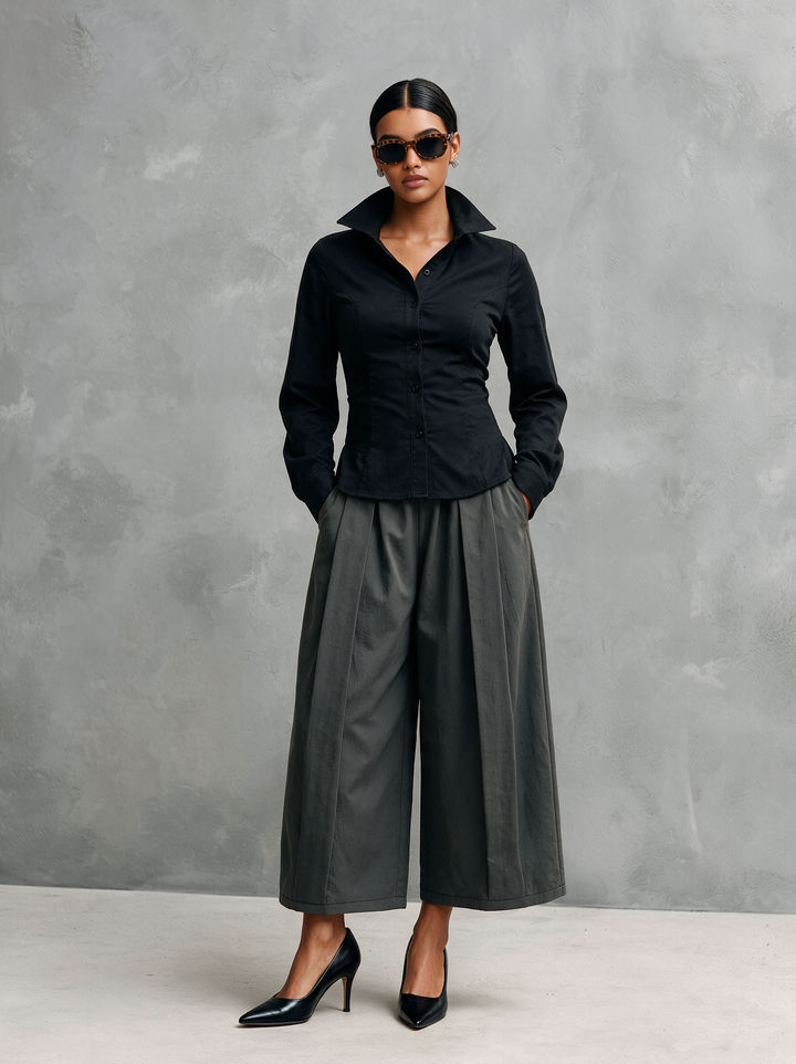 Women's Casual Black Woven Shirt And Grey Woven Trousers Two-Piece Set MDZ3169H7LXY